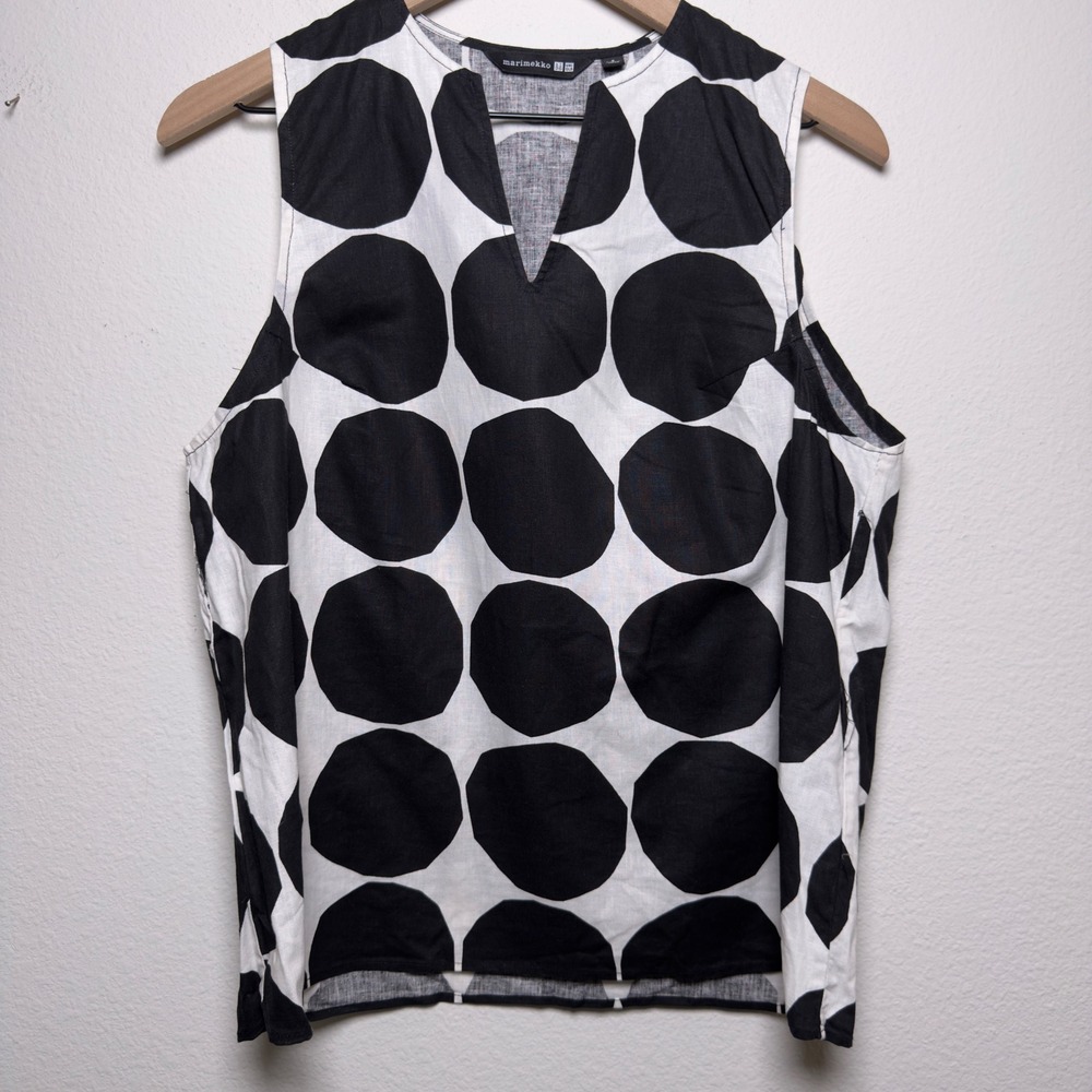 Marimekko x Uniqlo Women Linen Cotton Top Small Black White Kivet Polka Dot Art